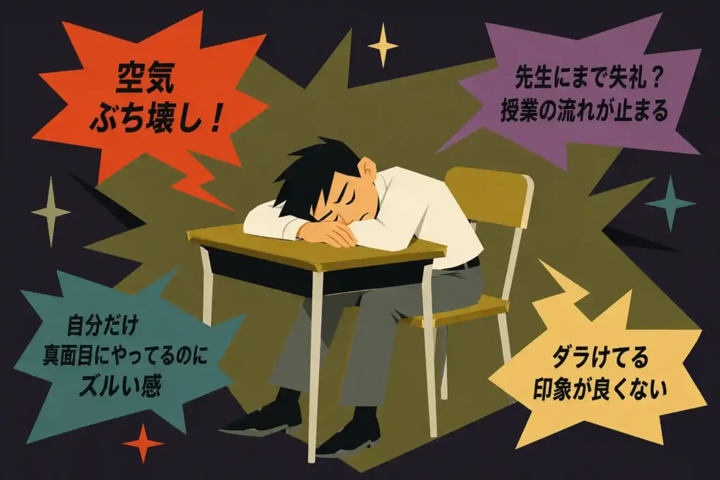 机に突っ伏して眠る中学生男子を中心に、授業中の居眠りが周囲に与える影響を示す吹き出し（「空気ぶち壊し」「授業が止まる」「ズルい感」「印象が悪い」など）が配置された、60年代アメリカアニメ風のスーパーフラットなインフォグラフィック。