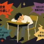 机に突っ伏して眠る中学生男子を中心に、授業中の居眠りが周囲に与える影響を示す吹き出し（「空気ぶち壊し」「授業が止まる」「ズルい感」「印象が悪い」など）が配置された、60年代アメリカアニメ風のスーパーフラットなインフォグラフィック。