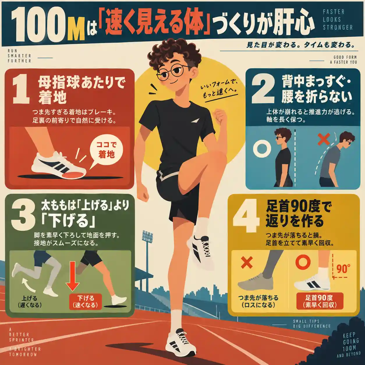 100m走のフォーム改善ポイントを4項目で解説するインフォグラフィック。母指球着地、姿勢、太ももの下げ方、足首90度を図解。