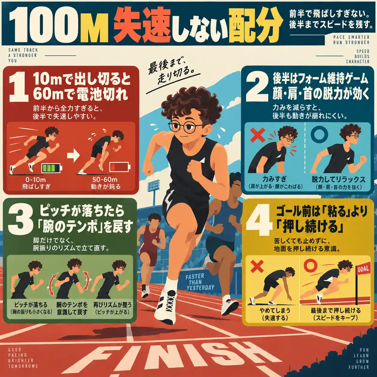 100m走で失速しない走り方を4項目で解説するインフォグラフィック。走る男性を中心に、前半の配分、脱力、腕振り、ゴール前の押し続け方を図解。