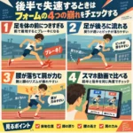 100m走で後半に失速するときのフォームの崩れを解説したインフォグラフィック。足の前方接地、足の後ろ流れ、腰落ちと肩の力み、スマホ動画での前半後半比較の4点を、男性ランナーのイラスト付きで示している。