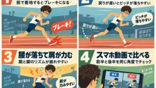 100m走で後半に失速するときのフォームの崩れを解説したインフォグラフィック。足の前方接地、足の後ろ流れ、腰落ちと肩の力み、スマホ動画での前半後半比較の4点を、男性ランナーのイラスト付きで示している。
