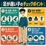 足が遅い子のチェックポイントを4項目でまとめたインフォグラフィック。中央に丸メガネの男子生徒、周囲に腕・姿勢・足音、体幹・股関節・バランス、靴・座りすぎ・全力不足、恥ずかしさやあきらめの確認項目を配置。