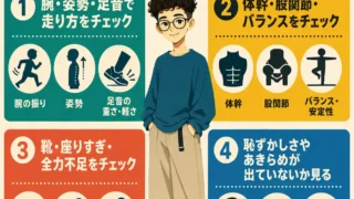 足が遅い子のチェックポイントを4項目でまとめたインフォグラフィック。中央に丸メガネの男子生徒、周囲に腕・姿勢・足音、体幹・股関節・バランス、靴・座りすぎ・全力不足、恥ずかしさやあきらめの確認項目を配置。
