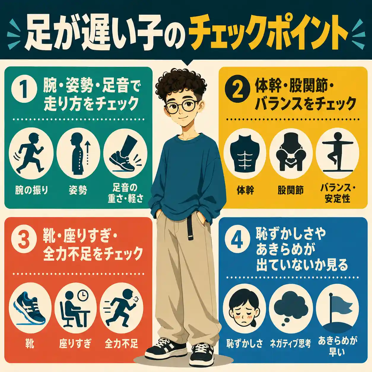 足が遅い子のチェックポイントを4項目でまとめたインフォグラフィック。中央に丸メガネの男子生徒、周囲に腕・姿勢・足音、体幹・股関節・バランス、靴・座りすぎ・全力不足、恥ずかしさやあきらめの確認項目を配置。