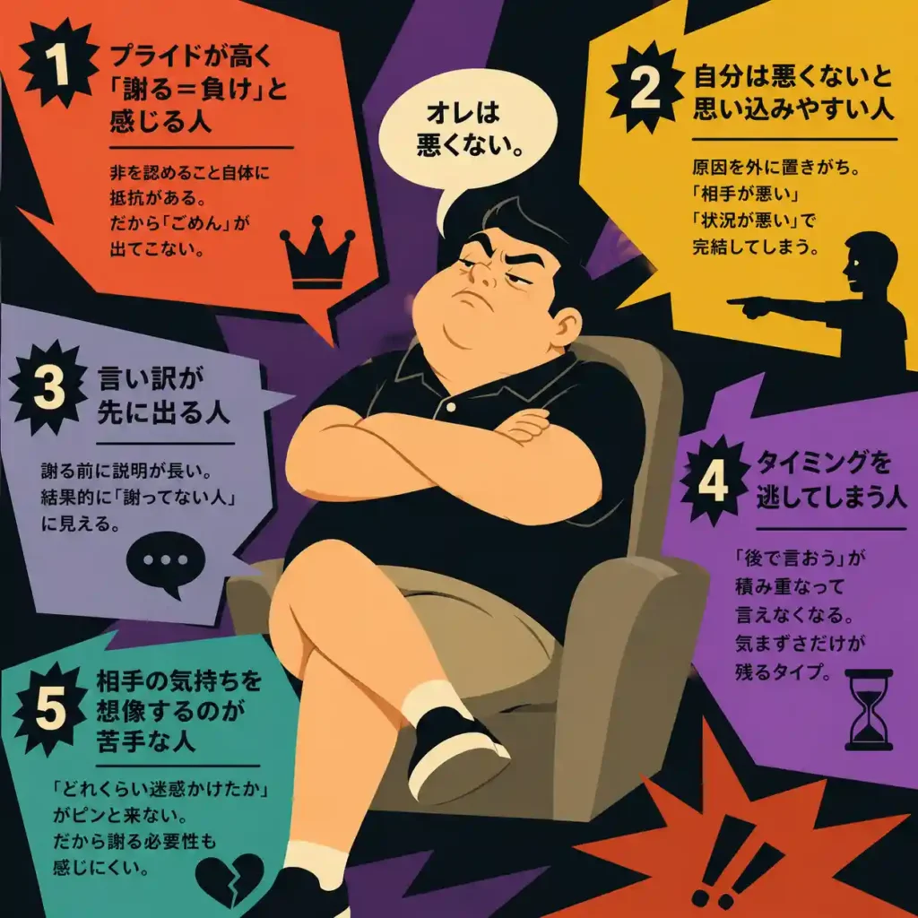 腕を組んで謝らない男性を中心に、謝れない人の特徴5つ（プライドが高い・自分は悪くないと思い込む・言い訳が先・タイミングを逃す・相手の気持ちを想像できない）を吹き出しで解説したインフォグラフィック
