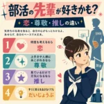 冬のセーラー服姿の女子中学生が部活の先輩を目で追い、恋・尊敬・推しの違いを4項目で整理したインフォグラフィック