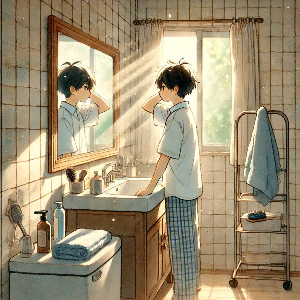 鏡を見て髪を気にしている中学生男子
