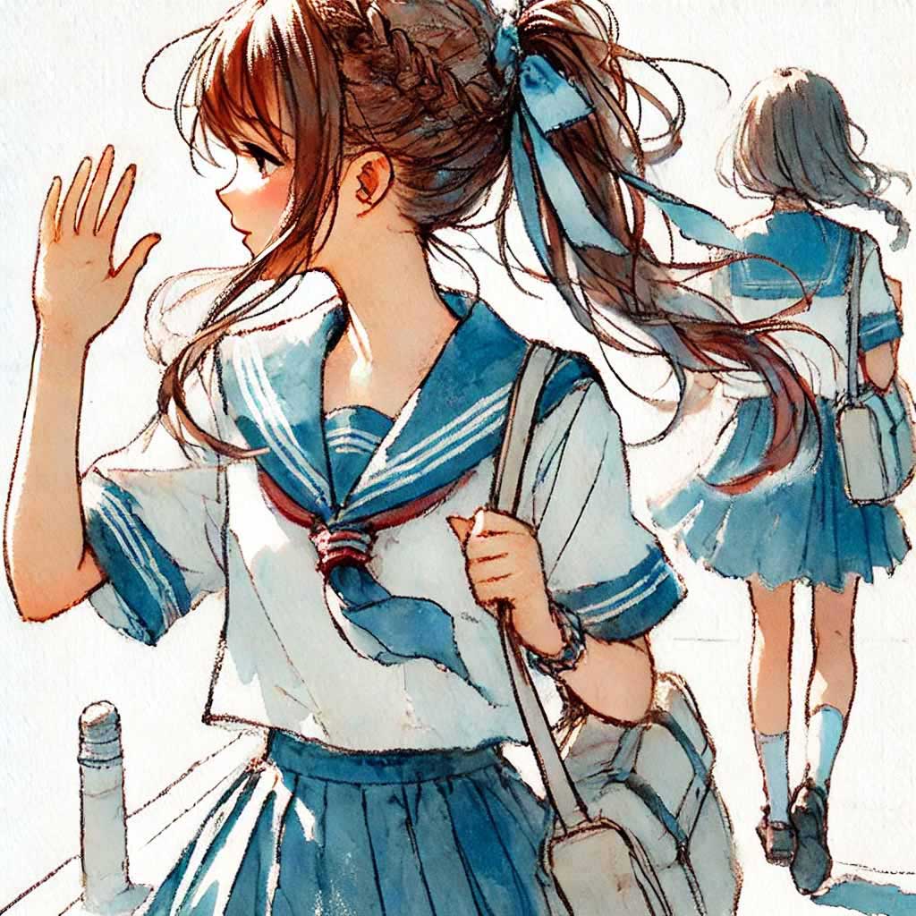 友達に挨拶している中学生女子
