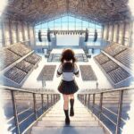 舞台に向かって階段を降りていく中学生女子