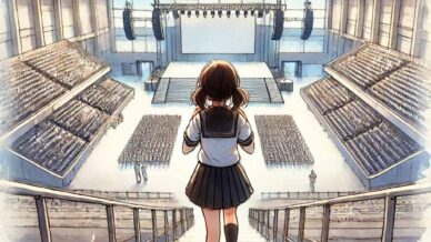 舞台に向かって階段を降りていく中学生女子