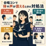 合唱コンで体や声が震えるときの対処法を4つに分けて紹介するインフォグラフィック。