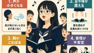 合唱コンで体や声が震えるときの対処法を4つに分けて紹介するインフォグラフィック。