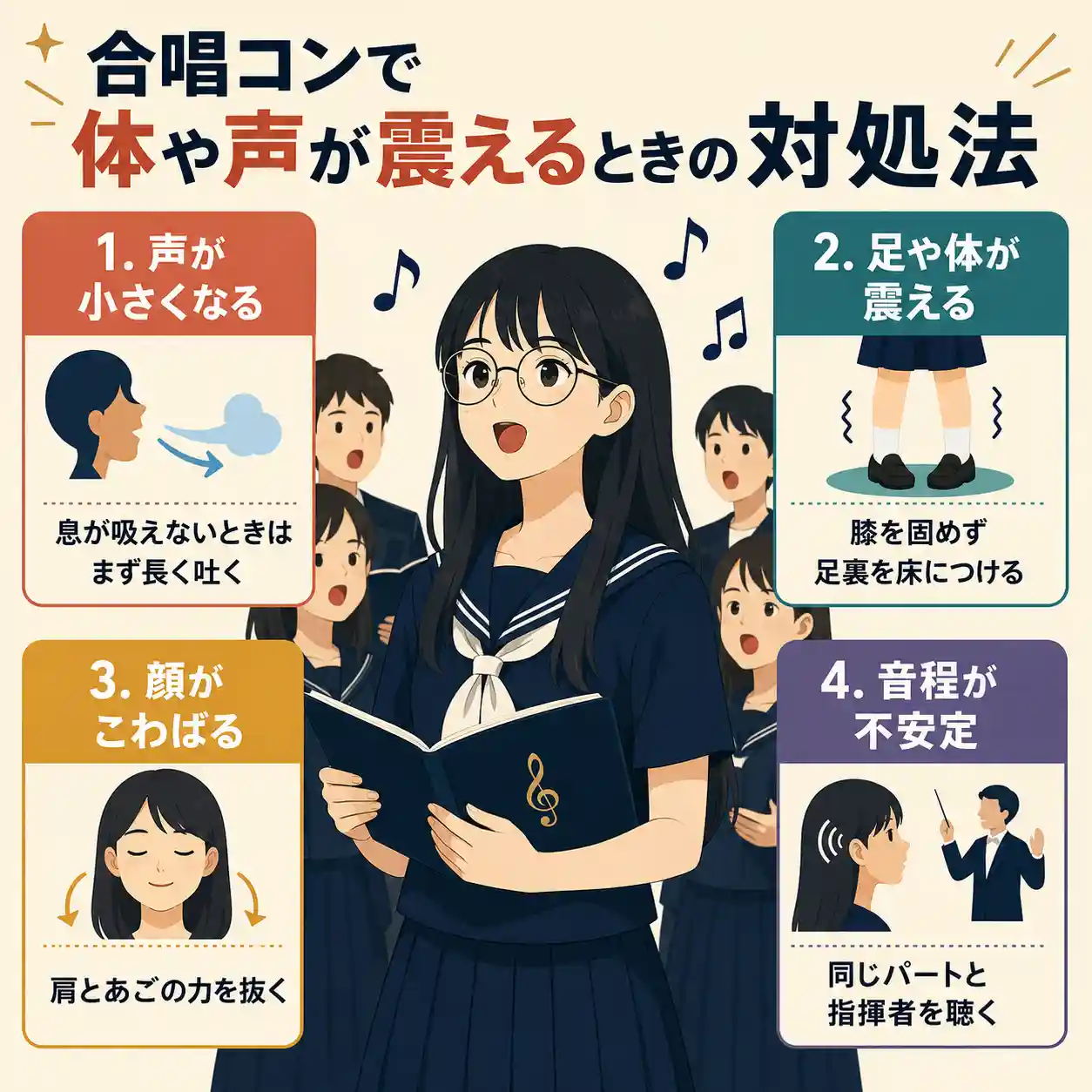 合唱コンで体や声が震えるときの対処法を4つに分けて紹介するインフォグラフィック。