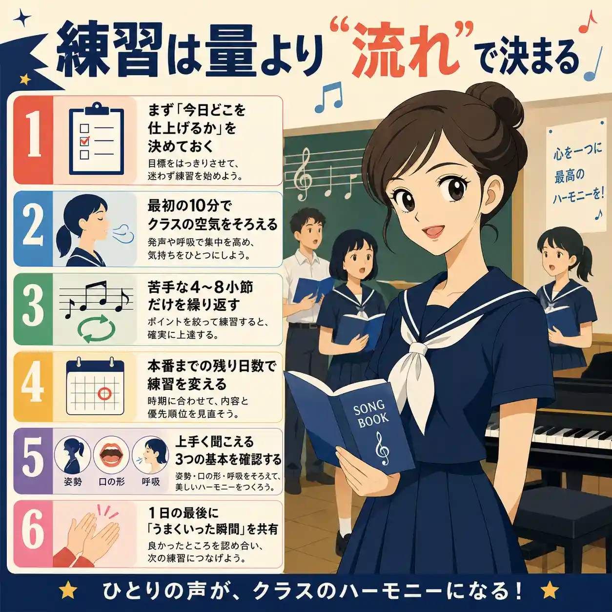 合唱コンクール練習の流れを6つのポイントでまとめたインフォグラフィック。夏服のセーラー服姿の女子生徒が教室で楽譜を持ち、今日の目標設定、空気づくり、部分練習、残り日数別練習、基本確認、振り返りを紹介している。
