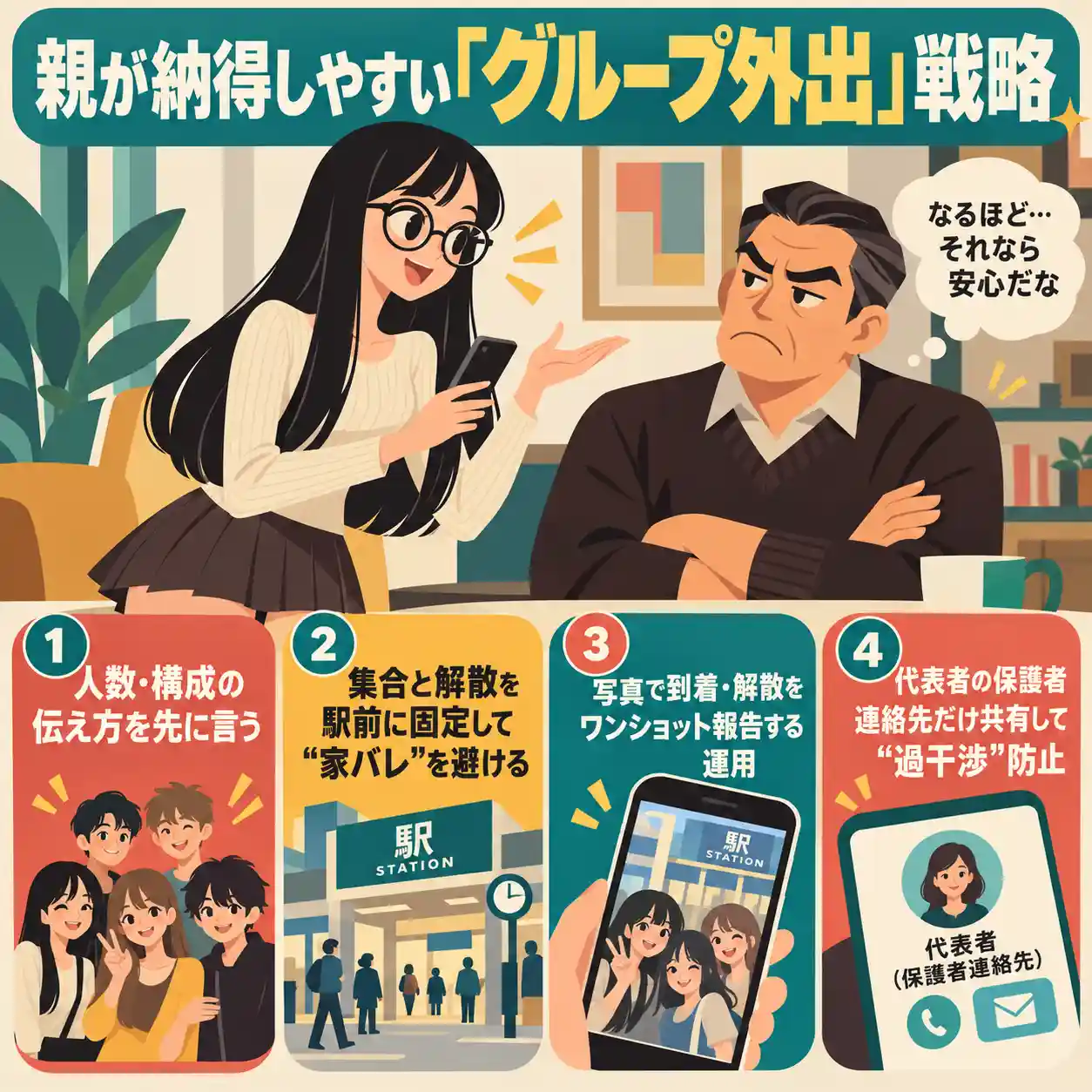 親にグループ外出の予定を説明し、人数・駅前集合・写真報告・保護者連絡先の共有で安心を得る方法を示した図解