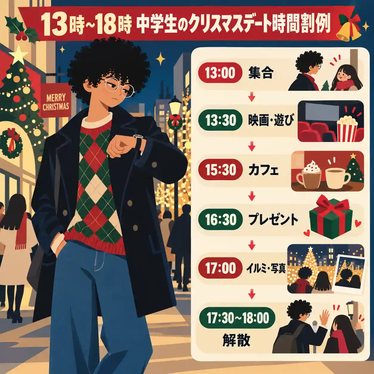 クリスマスデートのタイムスケジュールをインフォグラフィックか