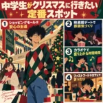 中学生男子がクリスマス装飾のショッピングモールでデートする様子と、映画館・カラオケ・カフェの定番スポットを紹介するイラスト