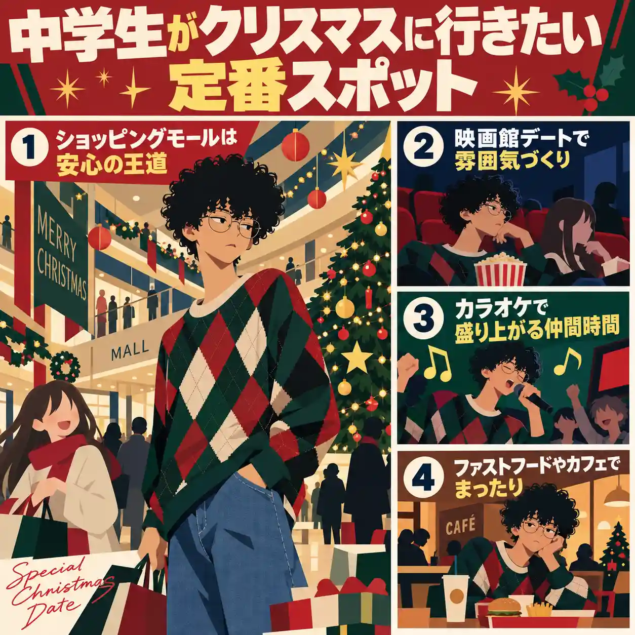 中学生男子がクリスマス装飾のショッピングモールでデートする様子と、映画館・カラオケ・カフェの定番スポットを紹介するイラスト