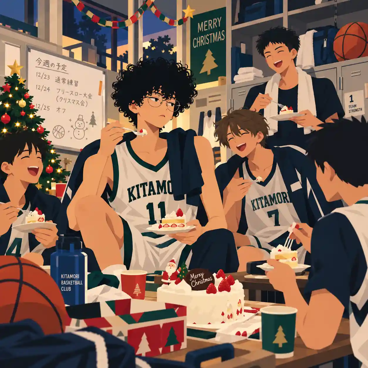 部室でメンバーとクリスマスケーキを食べる