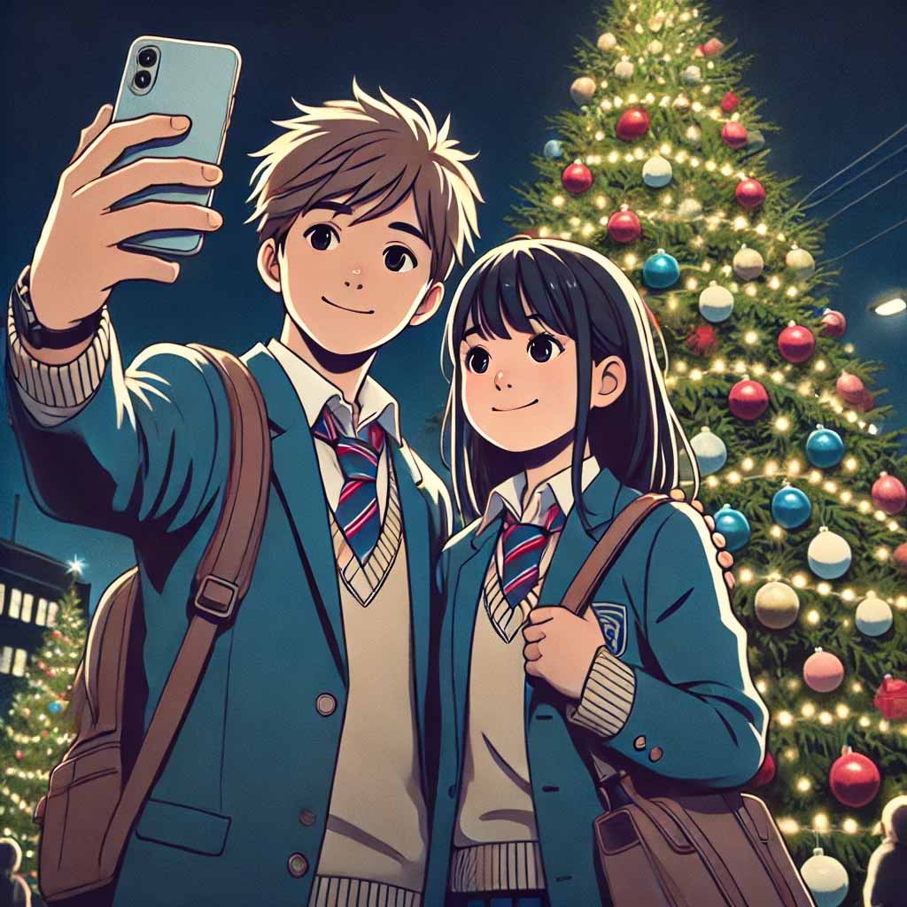 自撮りする中学生カップル