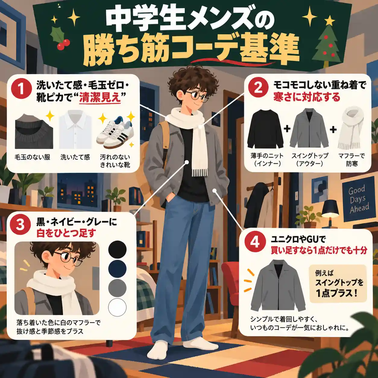 クリスマスデート服の清潔感・重ね着・色合わせ・買い足し方を示す中学生男子の冬コーデ
