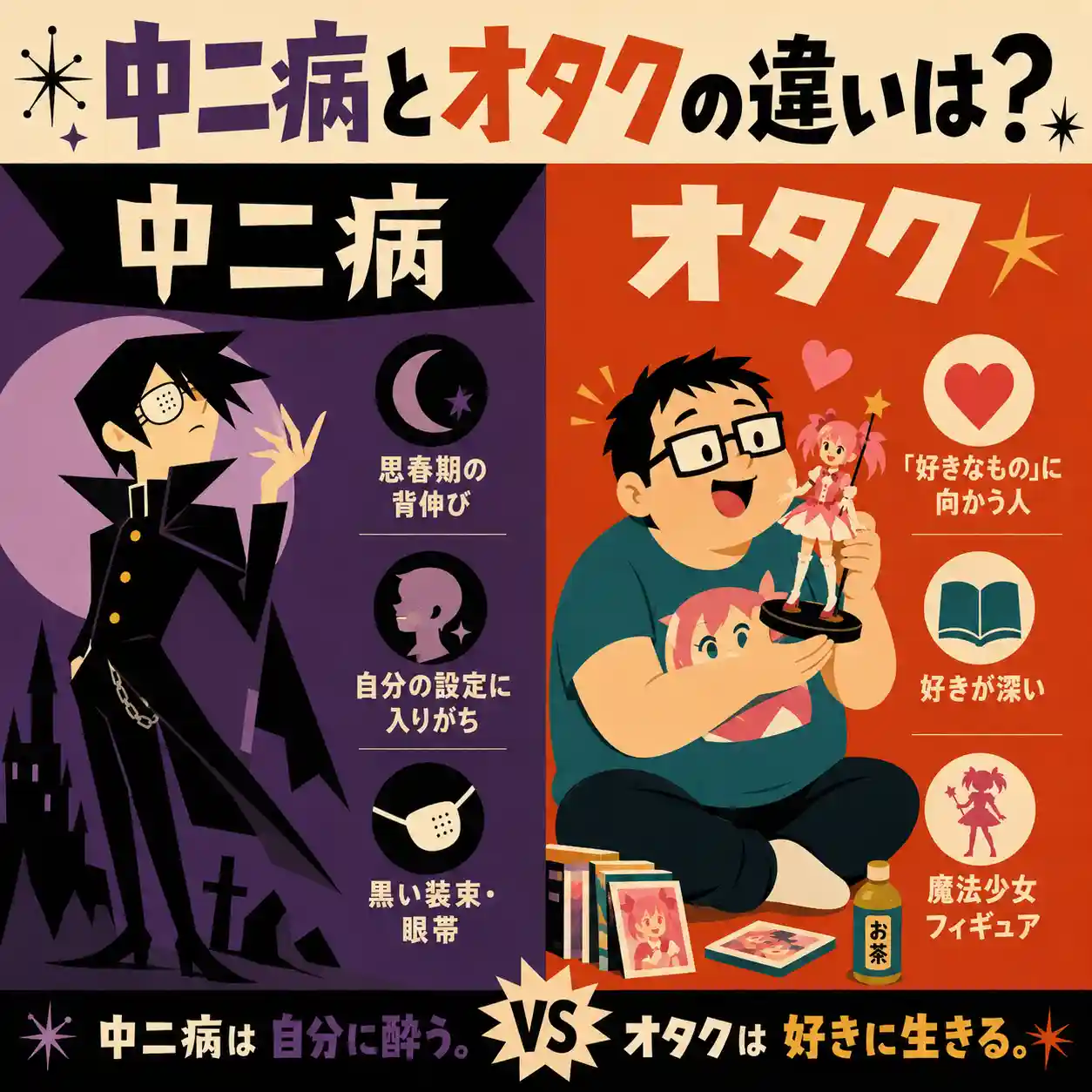 中二病とオタクの違いを左右で比較したインフォグラフィック。黒い装束と眼帯の中二病キャラ、魔法少女フィギュアを持つオタクキャラを描いている。