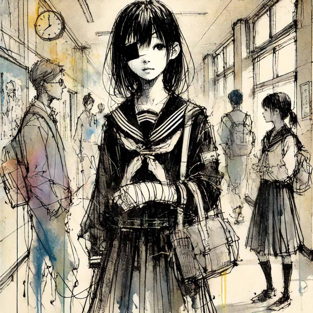 学校の廊下　中二病女子