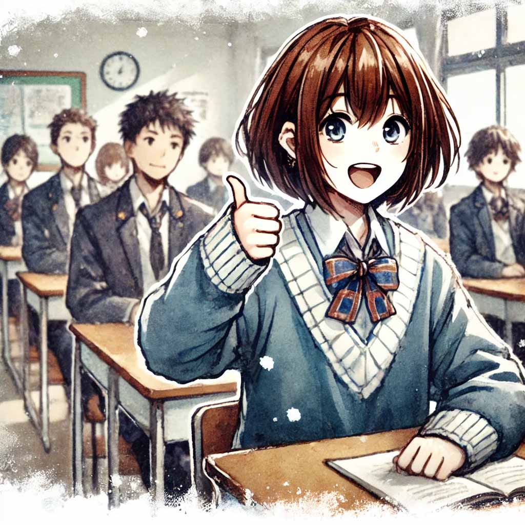 サムズアップの中学生女子