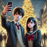 ツリーの前で自撮りの二人