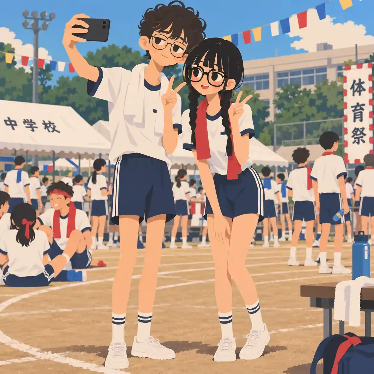体育祭後に写真を撮るカップル