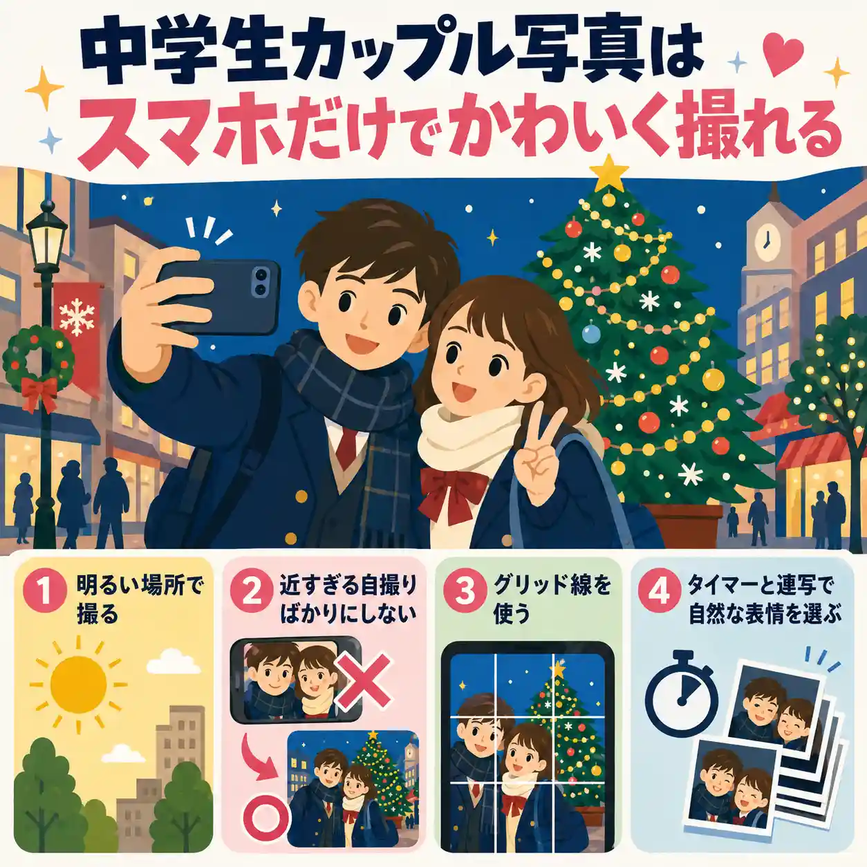 クリスマスツリー前で自撮りする中学生カップルと、明るさ・距離・グリッド線・タイマー連写の撮影コツを示したインフォグラフィック