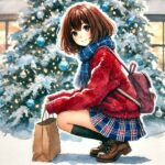 ツリーの前でしゃがんでいる中学生女子