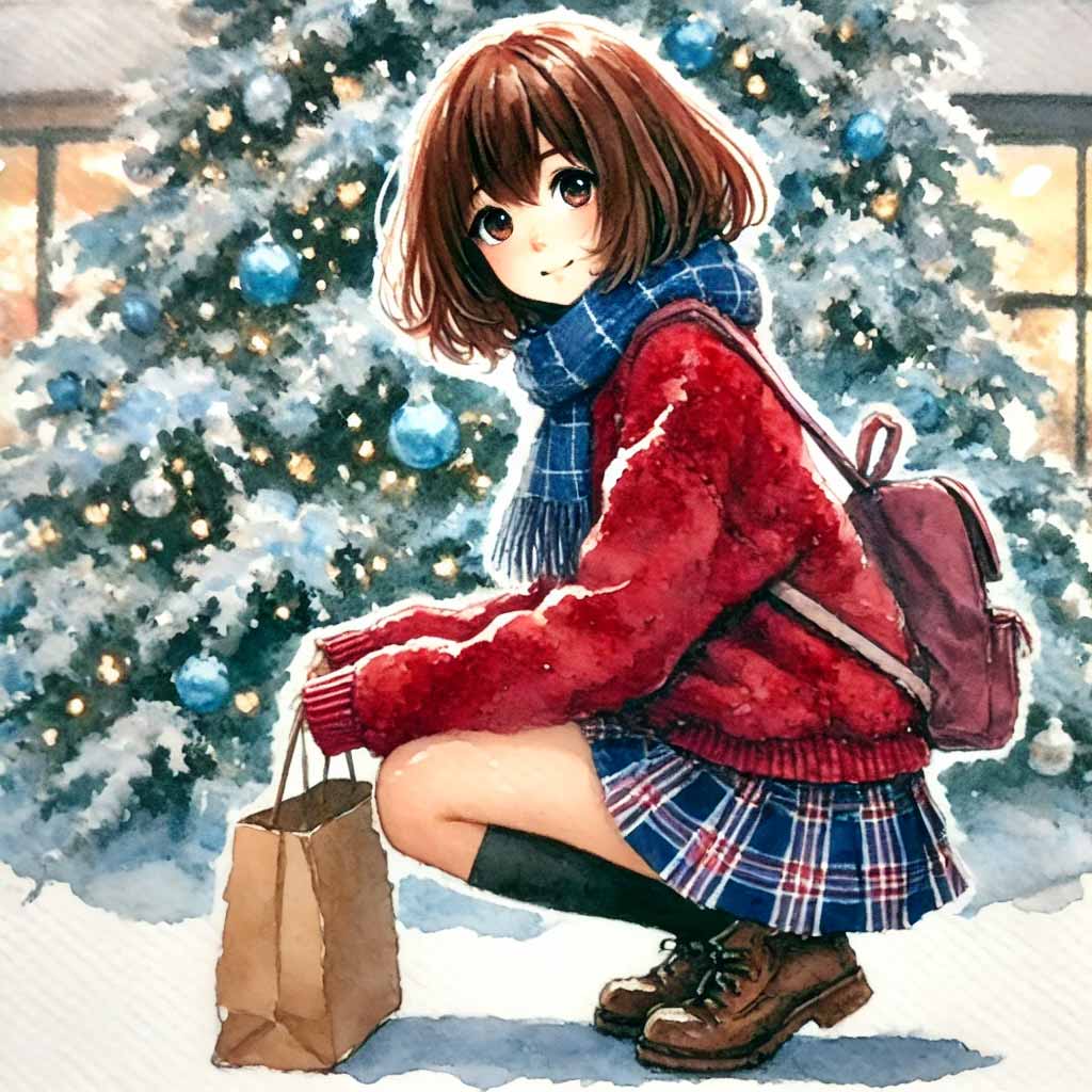 ツリーの前でしゃがんでいる中学生女子