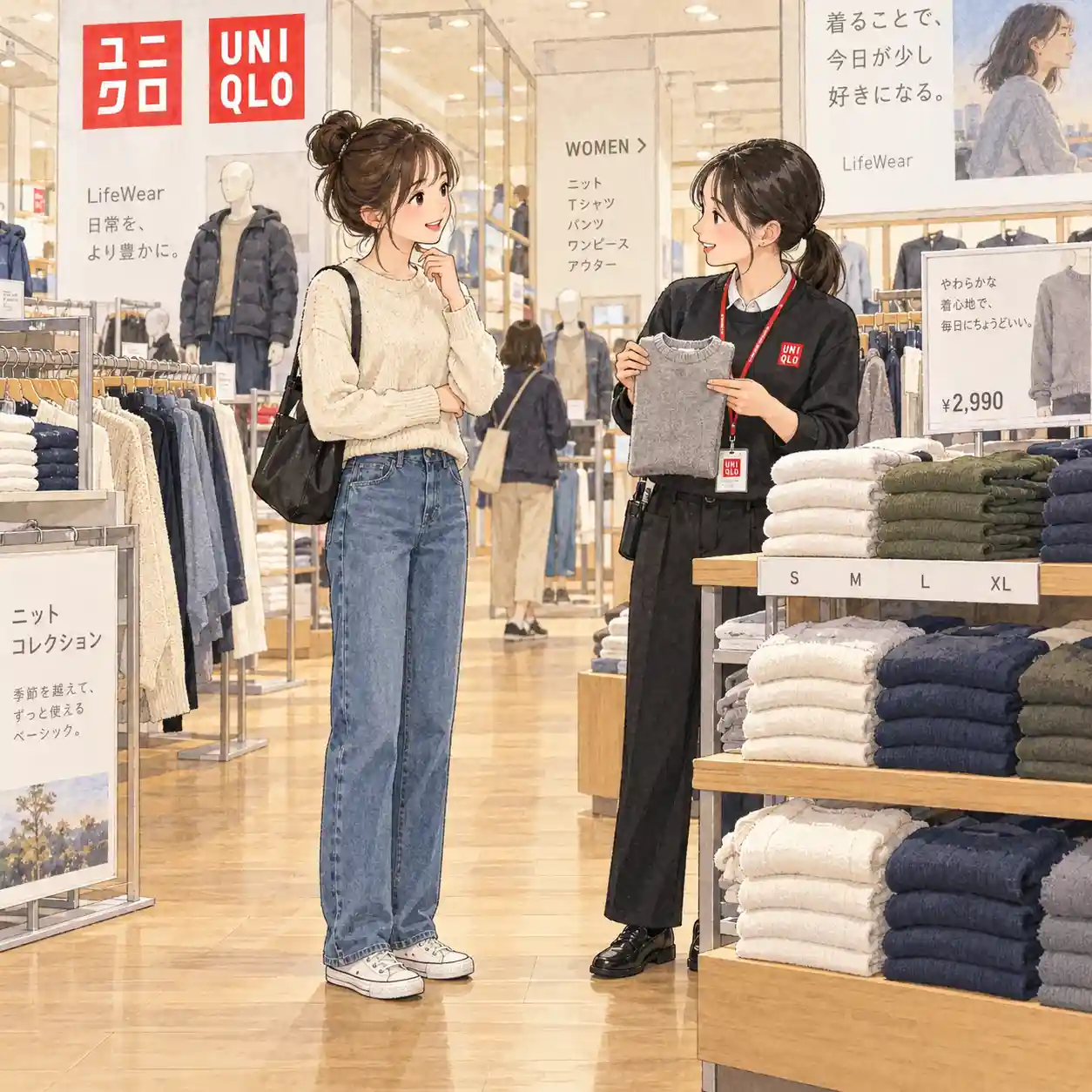 店員にサイズ間を訪ねている女子