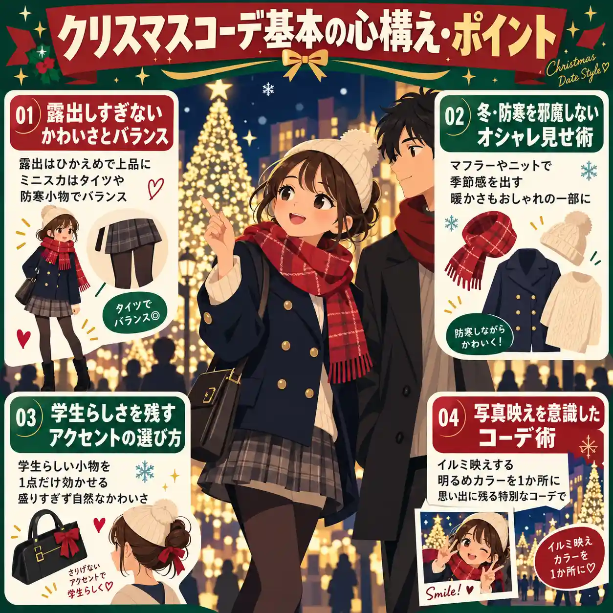 クリスマスデートでイルミネーションを見る男女と、露出・防寒・学生らしさ・写真映えの4つのコーデポイントをまとめたインフォグラフィック。
