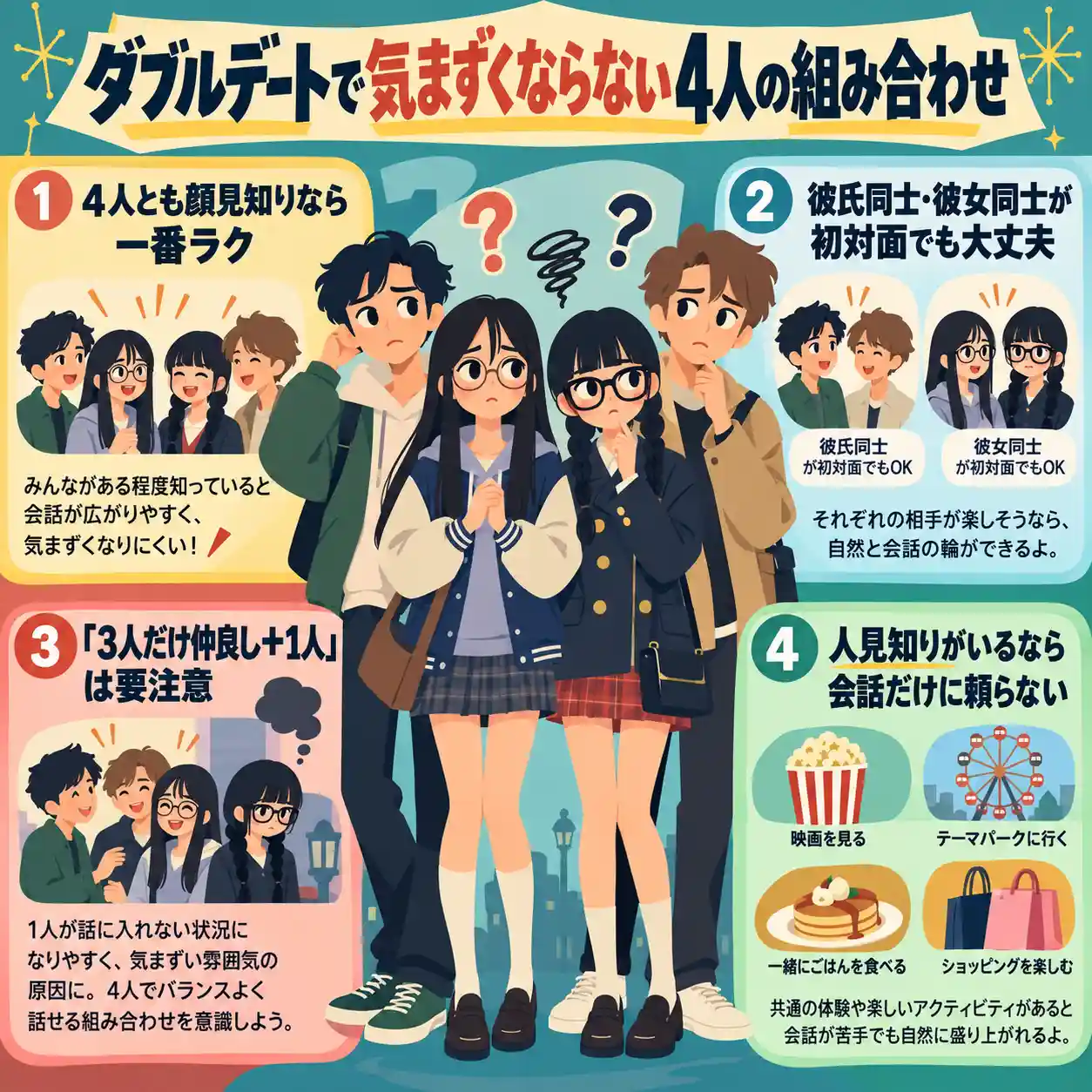 ダブルデートで気まずくならない4人の組み合わせを解説する中学生向けインフォグラフィック