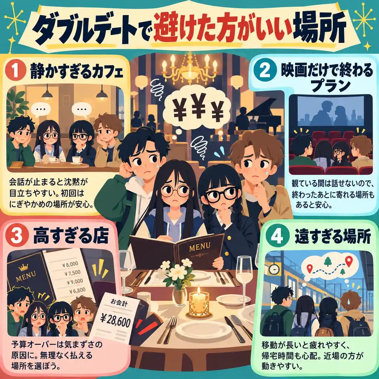 ダブルデートで避けた方がいい場所を解説する中学生向けインフォグラフィック。静かすぎるカフェ、映画だけで終わるプラン、高すぎる店、遠すぎる場所の4つを、心配そうな男女4人のイラスト付きで紹介している