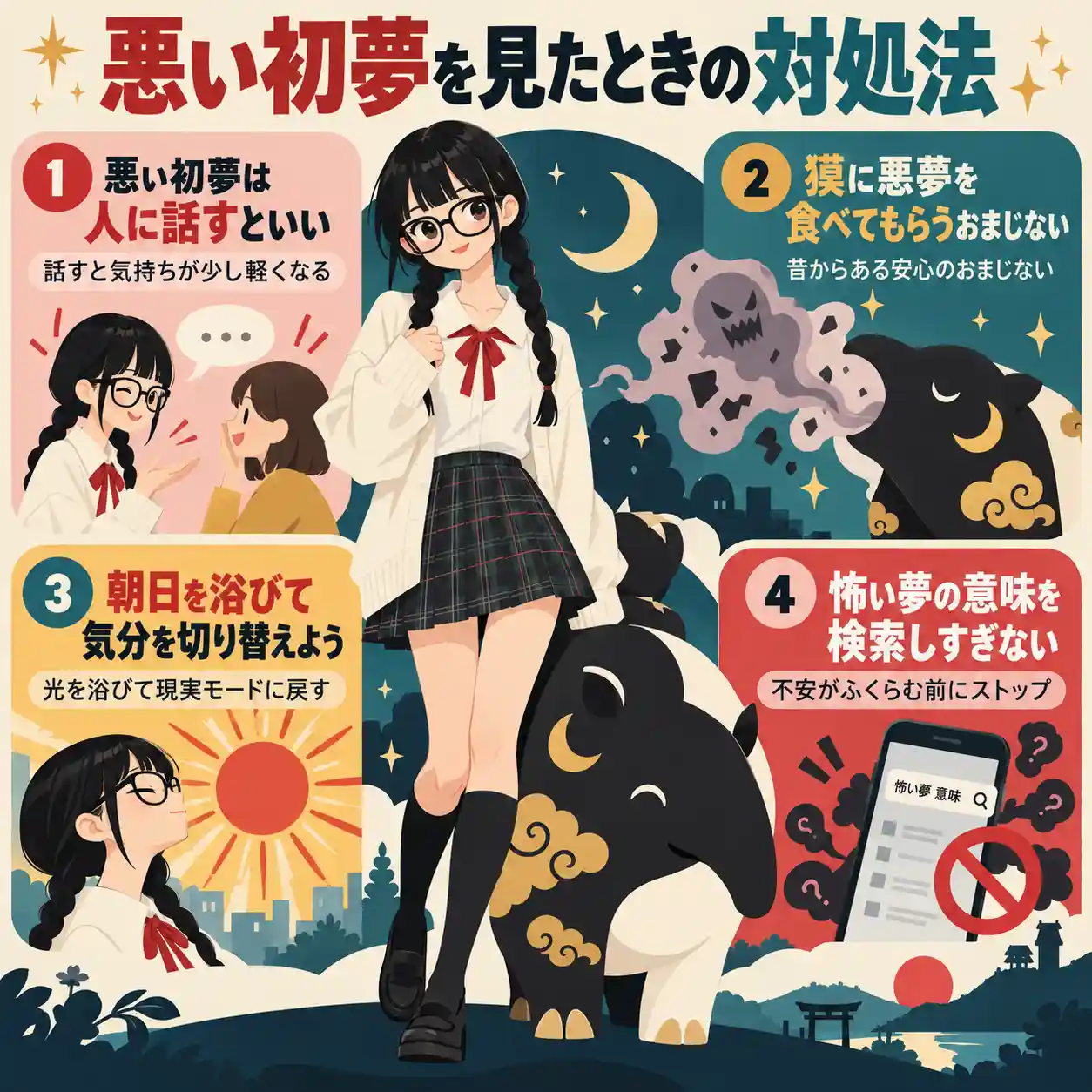 悪い初夢への4つの対処法を紹介するイラスト。三つ編みの女子中学生が獏と一緒に悪夢に立ち向かい、人に話す、おまじない、朝日を浴びる、検索しすぎない方法を説明。