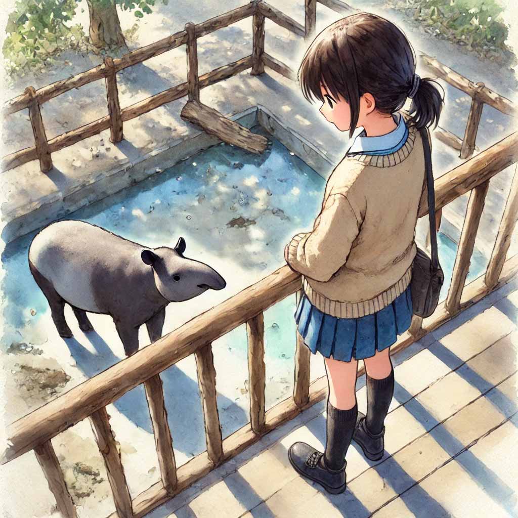バクを見ている女子中学生