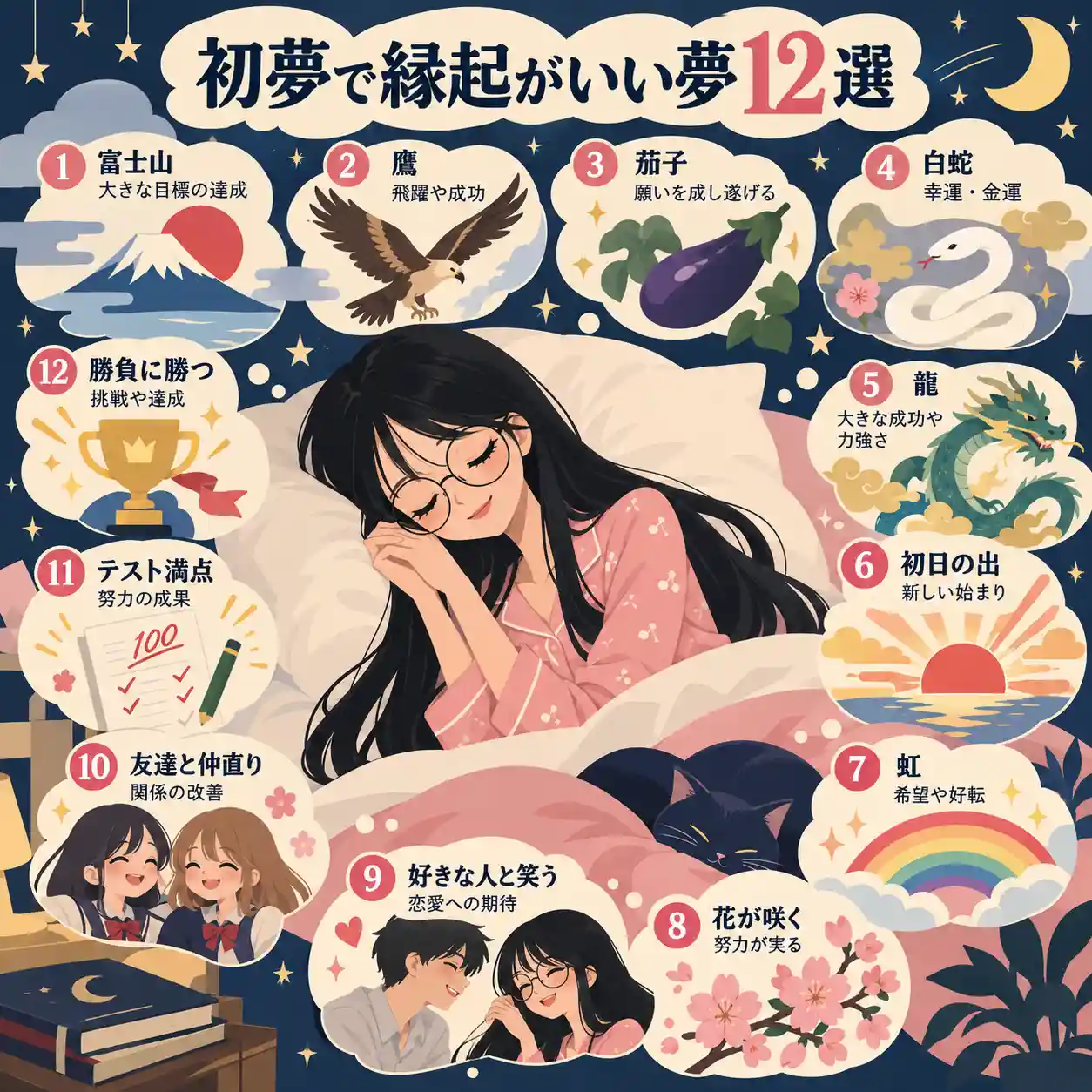 初夢で縁起がいい夢12選。ベッドで眠る女性を中心に、富士山、鷹、茄子、白蛇、龍、初日の出、虹、花、恋愛、友情、テスト満点、勝負に勝つ夢とそれぞれの意味を紹介するイラスト。