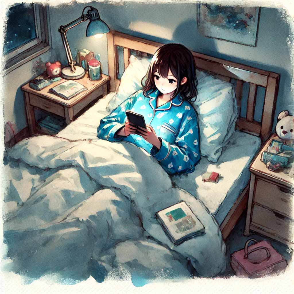 ベッドでスマホを見ている中学生女子