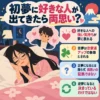 初夢で好きな人を夢見る女性と、吉夢・正夢・逆夢の意味や両思いとの関係を解説したイラスト