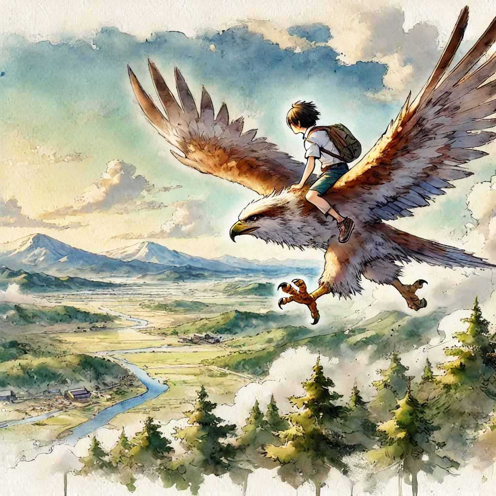 鷹に乗っている少年