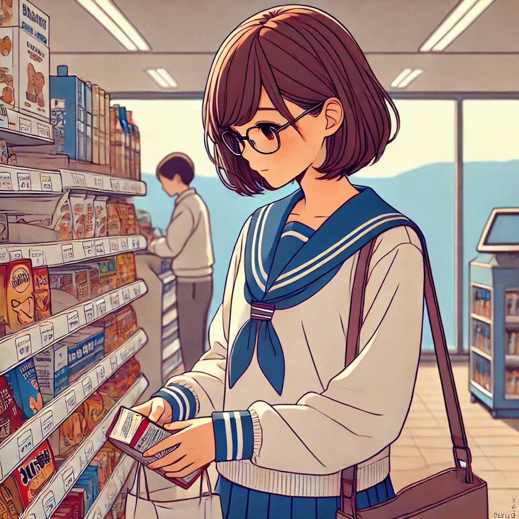 コンビニで商品を選ぶ中学生女子