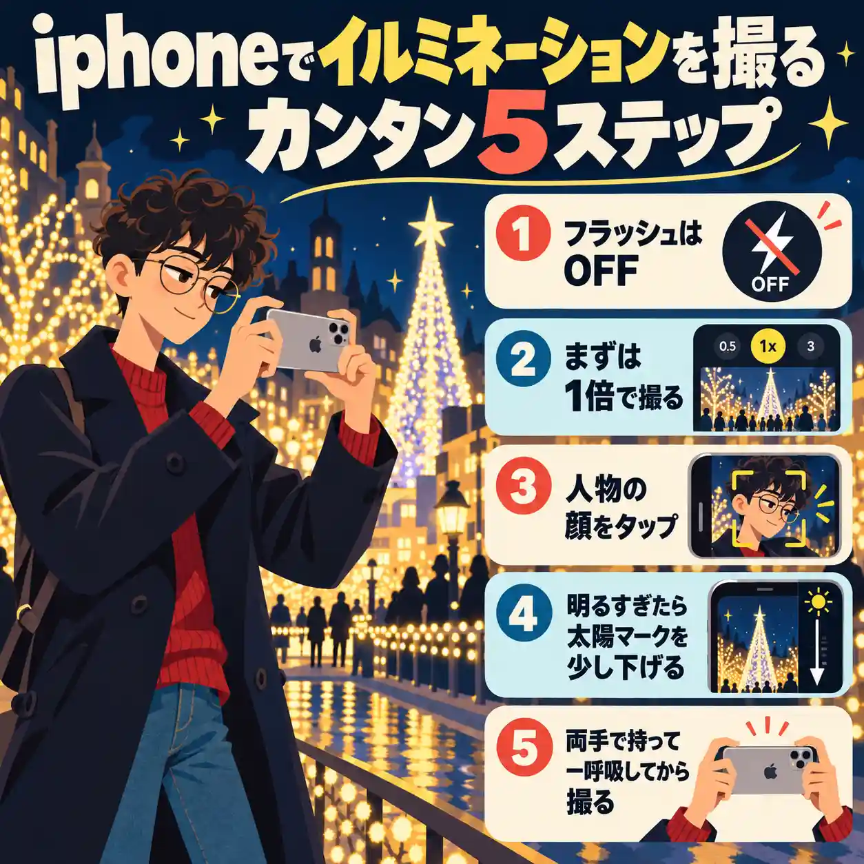 イルミネーションをiPhoneで撮る5ステップを紹介するインフォグラフィック。フラッシュOFF、1倍撮影、顔をタップ、明るさ調整、両手で固定して撮るコツを解説。