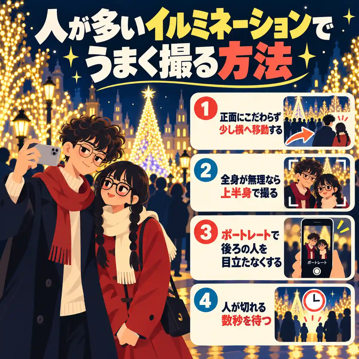 人が多いイルミネーションで写真をうまく撮るコツを、カップルのイラストと4つのポイントで紹介するインフォグラフィック。
