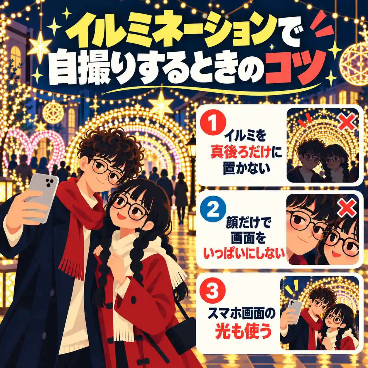 イルミネーションで自撮りするときの3つのコツを、カップルのイラストと光のトンネルを使って紹介するインフォグラフィック。