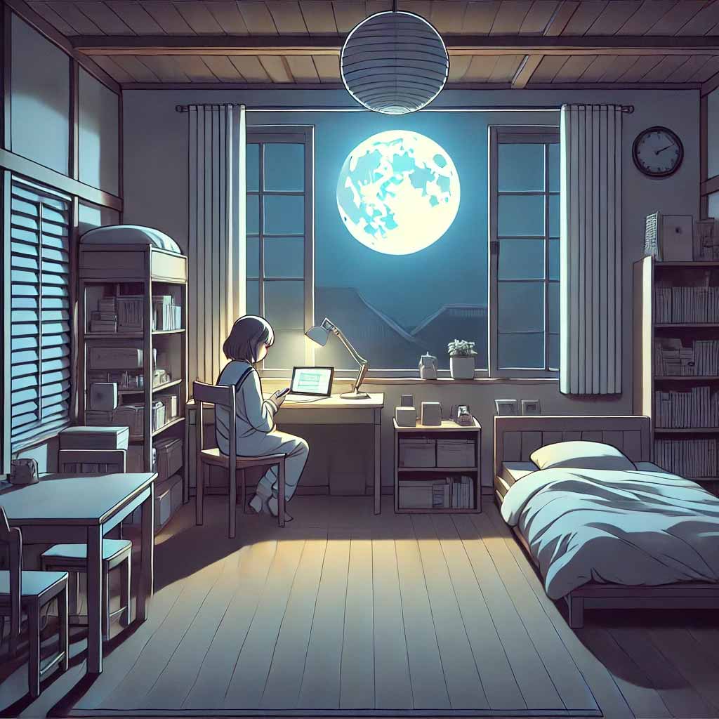 夜スマホをいじる中学生女子