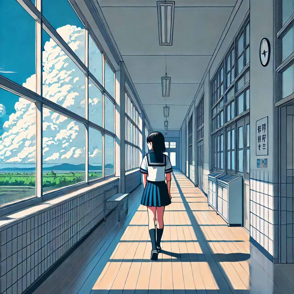 一人で廊下を歩く中学生女子